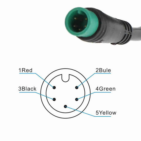 Universal 5 Pin LCD Display Meter connector detail with 5 pin diagram for E Bikes And Scooters, showing colors and labels