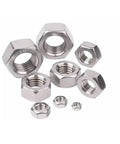 Stainless steel hex nuts varying sizes for M4 slotted cheese head machine screws, ideal for mechanical work.