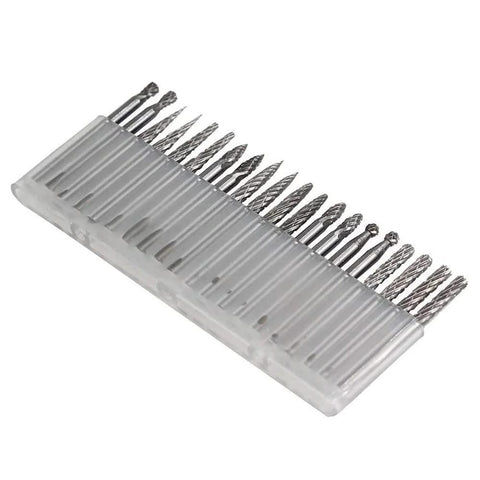 20-piece solid carbide burr set with 3mm shank; tungsten carbide rotary files for drilling and carving