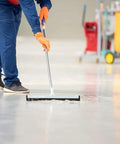 Top Shelf Heavy Duty Floor Cleaning Kit With Stripper Sealer Polish And Cleaner Four Gallon Set solid setup for kitchens, someone mopping a floor.