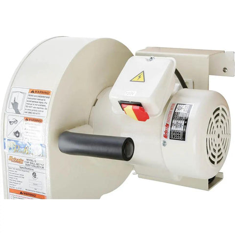 Close-up of 1 HP Wall Mount Dust Collector with canister filter, showing motor and controls. Ideal for home shops.