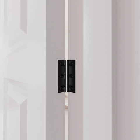 Heavy Duty Black Door Hinges Six Pack With All Necessary Mounting Screws For Wood Doors And Cabinets Built Legit From Solid Iron Hardware that runs slick out of the box, mounted on white doors.