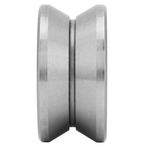 Top Shelf Heavy Duty V Groove Guide Pulley Bearings With Sealed Steel Rail Wheels Precision Ground Double Row Design viewed from the side.