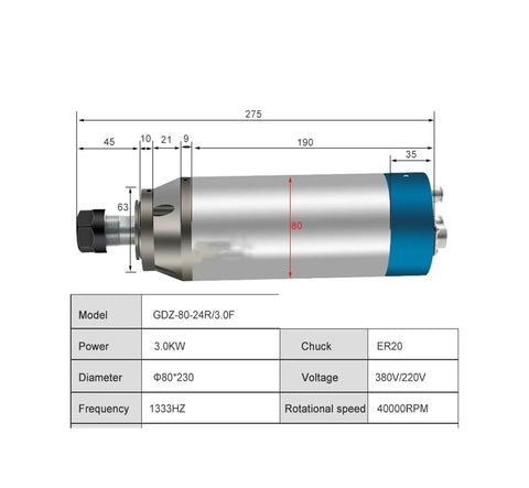 Diagram of CNC Spindle Motor Water Cooled ER20 40000 RPM 3KW 220V And 380V with dimensions and specifications.