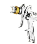 Smooth Operator Compact Pneumatic Spray Gun With Swappable Tips And Six Hundred ML Cup Designed For Quick Leather Repairs And Flawless Paint Jobs In Sleek Silver Aluminum, showcasing fine nozzle detail.