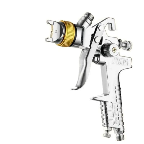 Smooth Operator Compact Pneumatic Spray Gun With Swappable Tips And Six Hundred ML Cup Designed For Quick Leather Repairs And Flawless Paint Jobs In Sleek Silver Aluminum, showcasing fine nozzle detail.