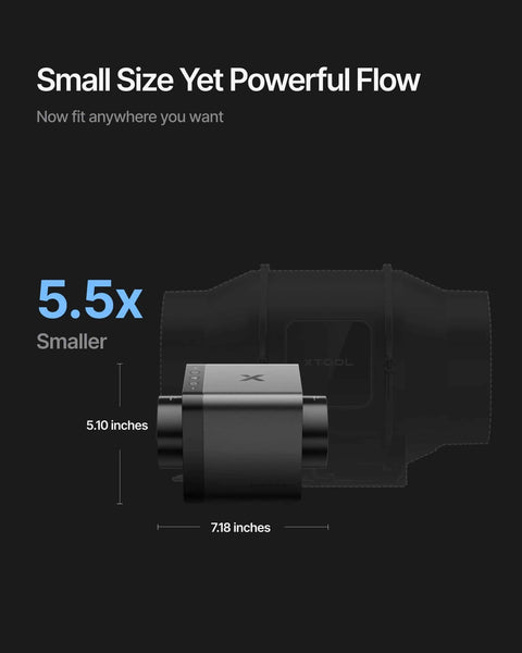 xTool inline duct fan in black metal housing with 5-inch duct connection, compact front view.