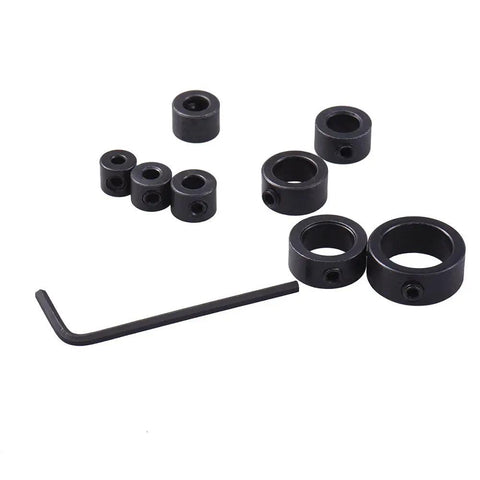 8-Piece Drill Stop Collar Kit Inch Sizes 1/8 To 5/8 With Allen Wrench For Precise Hole Depth Control showing black steel collars.