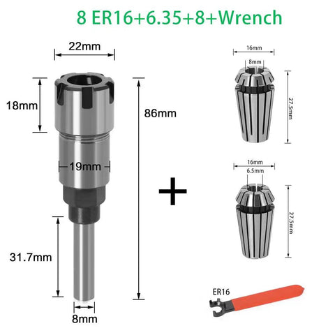 8mm ER collet with wrench for Heavy Duty 8mm 1/4 Inch Or 1/2 Inch Shank Router Bit Extension Rod for woodworking and engraving.