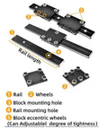 Adjustable Linear Guide Rail With Damping Wheel Slider For Precision Motion System 300-1400mm Plug-And-Play Ready No-Fuss Setup Easy Install Custom Length High Precision For Automated Machinery And Robotic Assemblies, black aluminum rail and wheel blocks