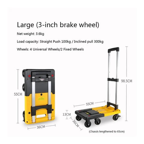 Foldable Flat Bed Cart With Wheels For Home And Courier Use, Heavy Duty Hand Truck On Wheels, Portable Yellow Folding Trolley For Easy Transport, Ready To Roll Compact Cargo Cart For Stockrooms And Workshops, 55cm x 36cm
