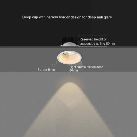 Six Pack Three Inch Cob Led Recessed Downlights Adjustable Thirty Degree Ceiling Spotlights With Anti Glare Shield detail showing deep cup design.