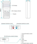 Diagram of Handheld Ultrasonic Flow Meter With Clamp-On Sensor For Pipes DN15 To 700mm detailing LCD, sockets, and RS-232 interface.