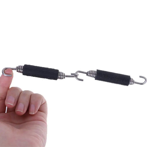 2 Pack 85mm Stainless Steel Exhaust Spring Hooks For Motorcycle Universal Fit shown up close with silica gel ends.