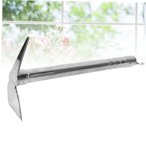 Two In One Stainless Steel Garden Hoe And Pickaxe Tool For Planting And Weeding, displayed against a window backdrop.