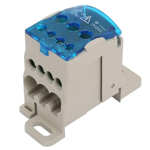 Rock Solid 80 Amp Din Rail Terminal Block Distribution Box With Fire Safe Housing, side view showing multiple wiring ports.
