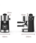 Front and side view of Barista Grade Single Cup Coffee Maker With Fast Brew Technology For Ground Coffee, Compact Small Footprint, Auto Shutoff, Easy Touch Backlit Panel, Makes Cappuccino Latte Macchiato Tea And More At Home, dimensions shown.