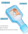 Close-up of a blue nylon insulated spade connector showing brass core, tin plating, and nylon cover.
