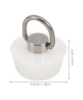White Drain Stopper with Stainless Steel Ring, Silicone Seal Plug with integrated hanging ring, dimensions shown.