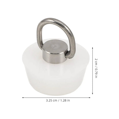 White Silicone Drain Stopper with Ring for Bathtubs and Sinks, 3.25 cm diameter, featuring a metal lifting ring.