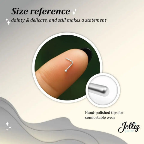 1mm Silver Nose Stud L Shaped 24G 925 Sterling Silver Minimalist Dainty Ball size reference on fingertip