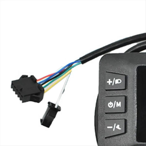 G518 Protocol 2 LCD Display for E-Bike Dash buttons and connectors, showing wiring and SM connector, 24-72V UART compatible.