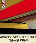 Close-up of variable-speed feed belt (15-49 FPM) on Heavy Duty 37 Inch Wide Belt Sander 20 Horsepower Industrial Woodworking Station.