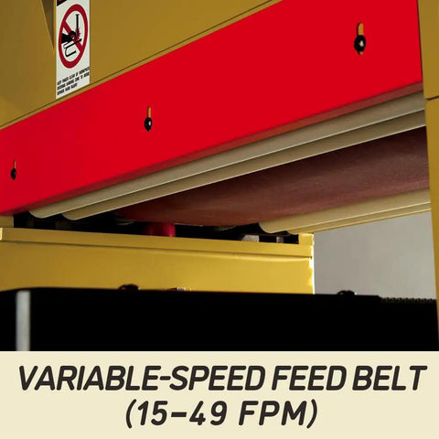 Close-up of variable-speed feed belt (15-49 FPM) on Heavy Duty 37 Inch Wide Belt Sander 20 Horsepower Industrial Woodworking Station.
