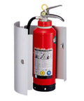 Heavy Duty Wall Mounted Fire Extinguisher Storage Box Boasts A Super Slick Silver Steel Metal Casing For Standard Handheld Emergency Gear Smooth Hinged Door Cover Built To Keep Your Home Or Garage Ready For Anything with a red fire extinguisher inside a wall-mounted silver cabinet.