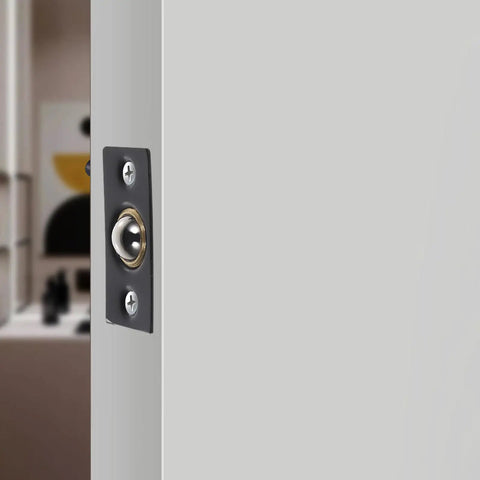 Close-up of 4 Sets Adjustable Ball Catch For Closet Doors With Strike Plate In Stainless Steel Black Hardware Hidden Design Durable No Hassle Tool Free Install For Home And Office Use on door edge.