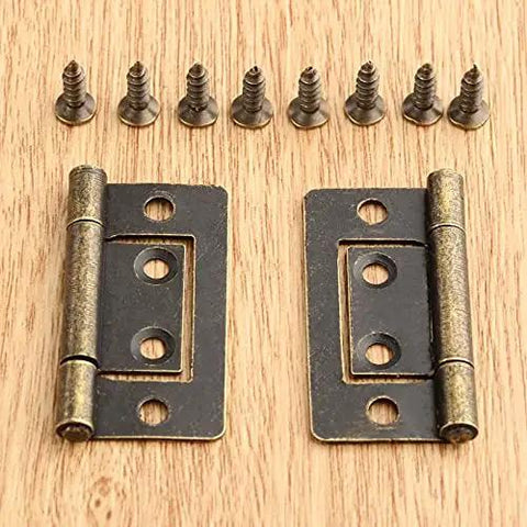 Antique Bronze Jewelry Box Hinges 38x20mm Two Pack Decorative Butt Hinges with screws on wood surface