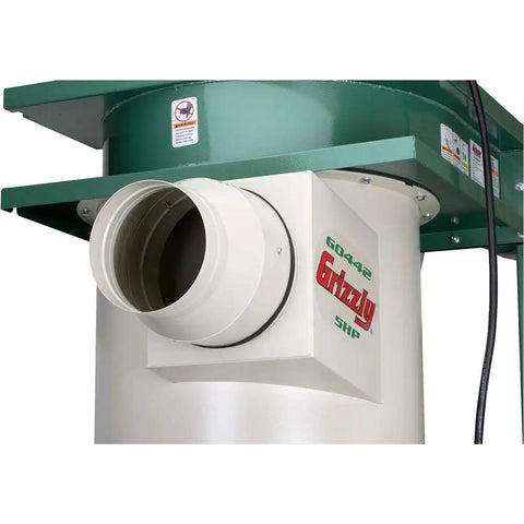 Heavy Duty 5 Horsepower Cyclone Dust Collector close-up showing the exhaust port, designed for efficient dust extraction in workshops.