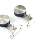 Sliding Barn Door Track Kit In Stainless Steel With Top Mount Hardware, heavy duty silent roller system, satin brushed finish.