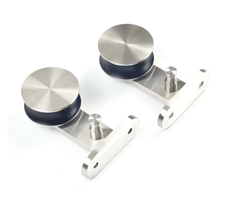 Sliding Barn Door Track Kit In Stainless Steel With Top Mount Hardware, heavy duty silent roller system, satin brushed finish.