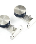 Heavy Duty Sliding Barn Door Hardware Kit In Brushed Stainless Steel featuring whisper quiet rollers for smooth glide action.