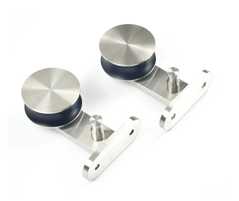 Heavy Duty Sliding Barn Door Hardware Kit In Brushed Stainless Steel featuring whisper quiet rollers for smooth glide action.