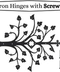 Kick Ass Wrought Iron Door Hinges With Glossy Black Powder Coating shown with decorative floral design and screws.