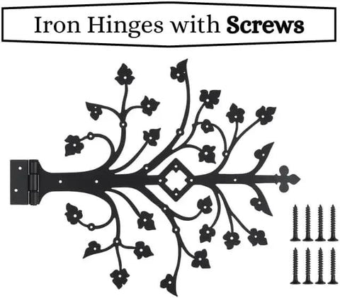 Kick Ass Wrought Iron Door Hinges With Glossy Black Powder Coating shown with decorative floral design and screws.