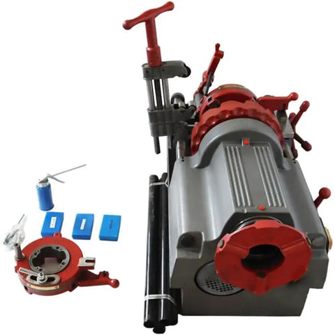 Built Tough Electric Pipe Threader Machine Cuts And Threads Half To Three Inch Steel Pipes With A Muscle Packed Seven Five Zero Watt Motor For Zero Hassle Plumbing Jobs And Rock Solid Job Site Performance viewed from the top with tools and supplies.
