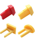 Knockout Heavy Duty Table Saw Safety Switch Keys in red and yellow, used for interlocking power tools and preventing accidental startups.