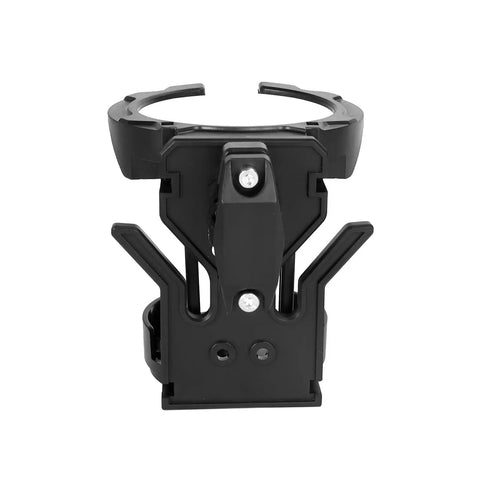 Black Clamp On Handlebar Cup Holder with Lower Tray Drainage Openings and Foldable Storage Design for Daily Rides on Bikes and E Bikes