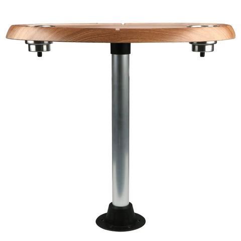 Top Shelf Oval Pontoon Boat Table Package featuring heavy duty aluminum pedestal stand and stainless steel drink holders.