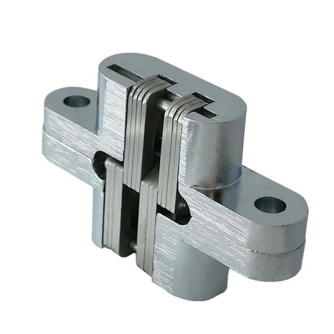 Invisible Concealed Cross Hinges For Wood And Metal Doors, Satin Nickel Finish, side view showing interlocking mechanism