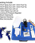 Hella Smooth Finish Guaranteed Dual Nozzle HVLP Gravity Feed Spray Gun Set With Locking Air Pressure Regulator Gauge includes spray guns and accessories.