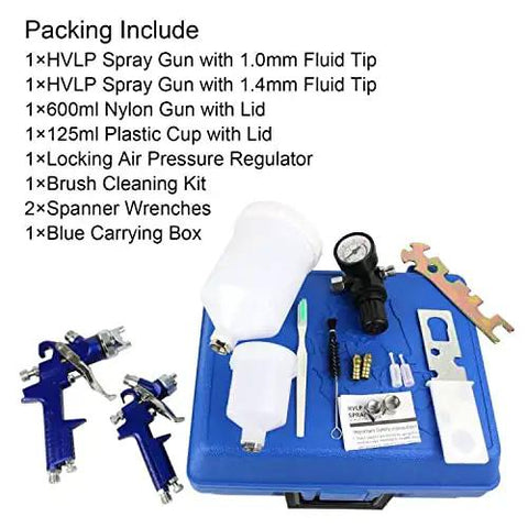 Hella Smooth Finish Guaranteed Dual Nozzle HVLP Gravity Feed Spray Gun Set With Locking Air Pressure Regulator Gauge includes spray guns and accessories.
