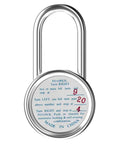 Front view of silver locker lock with long shackle keyless padlock for school gym and more, showing combination instructions.