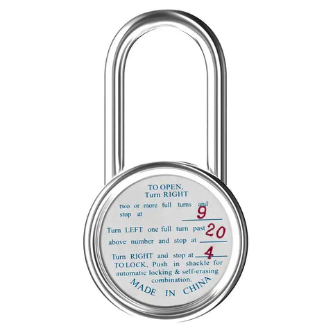 Front view of silver locker lock with long shackle keyless padlock for school gym and more, showing combination instructions.