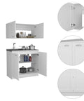 Slick White Two Piece Cabinet Set For Living Room Or Bedroom featuring tall upper shelf and short lower stand with smooth countertops.