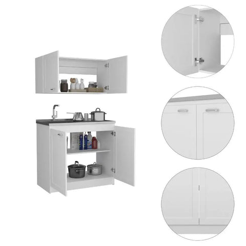 Slick White Two Piece Cabinet Set For Living Room Or Bedroom featuring tall upper shelf and short lower stand with smooth countertops.