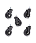 Five Pcs 3 Inch Polyurethane Caster Wheels Silent Rolling Heavy Duty Furniture Casters set with black wheels and 10 mm stems.